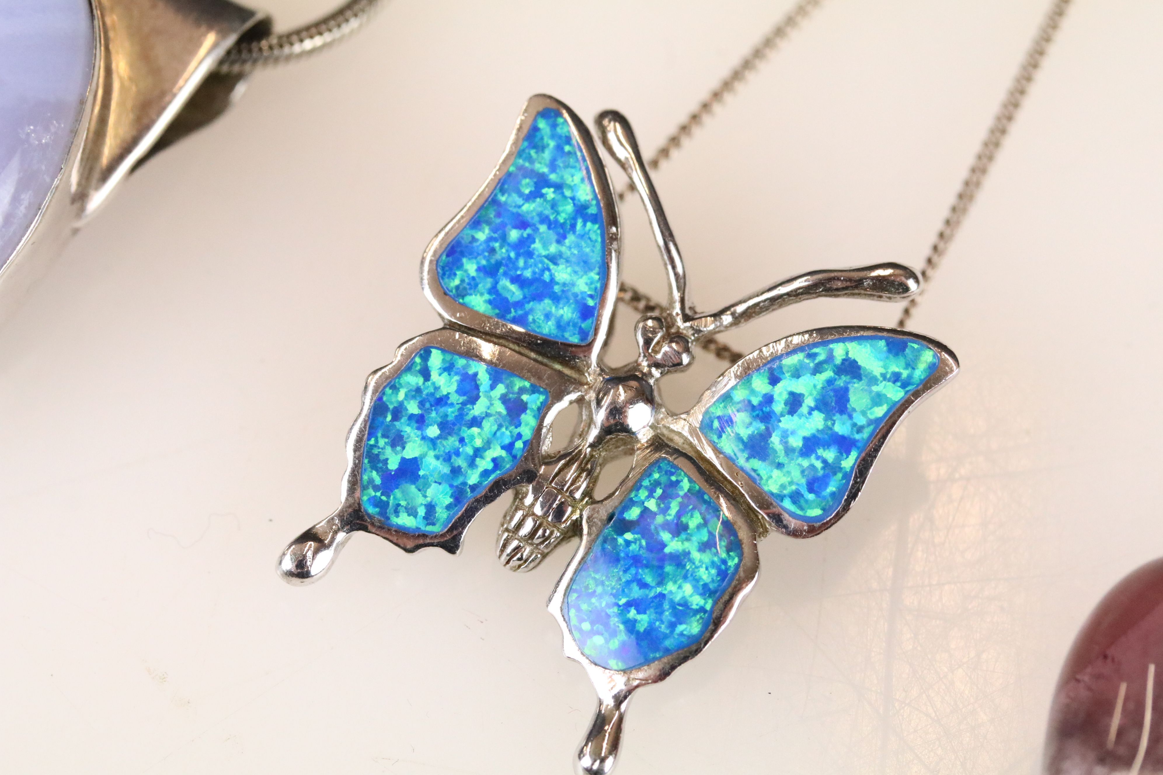 Five Silver Necklaces including Silver & Opal Butterfly Pendant, 2 x Rose Quartz & Silver - Image 4 of 7