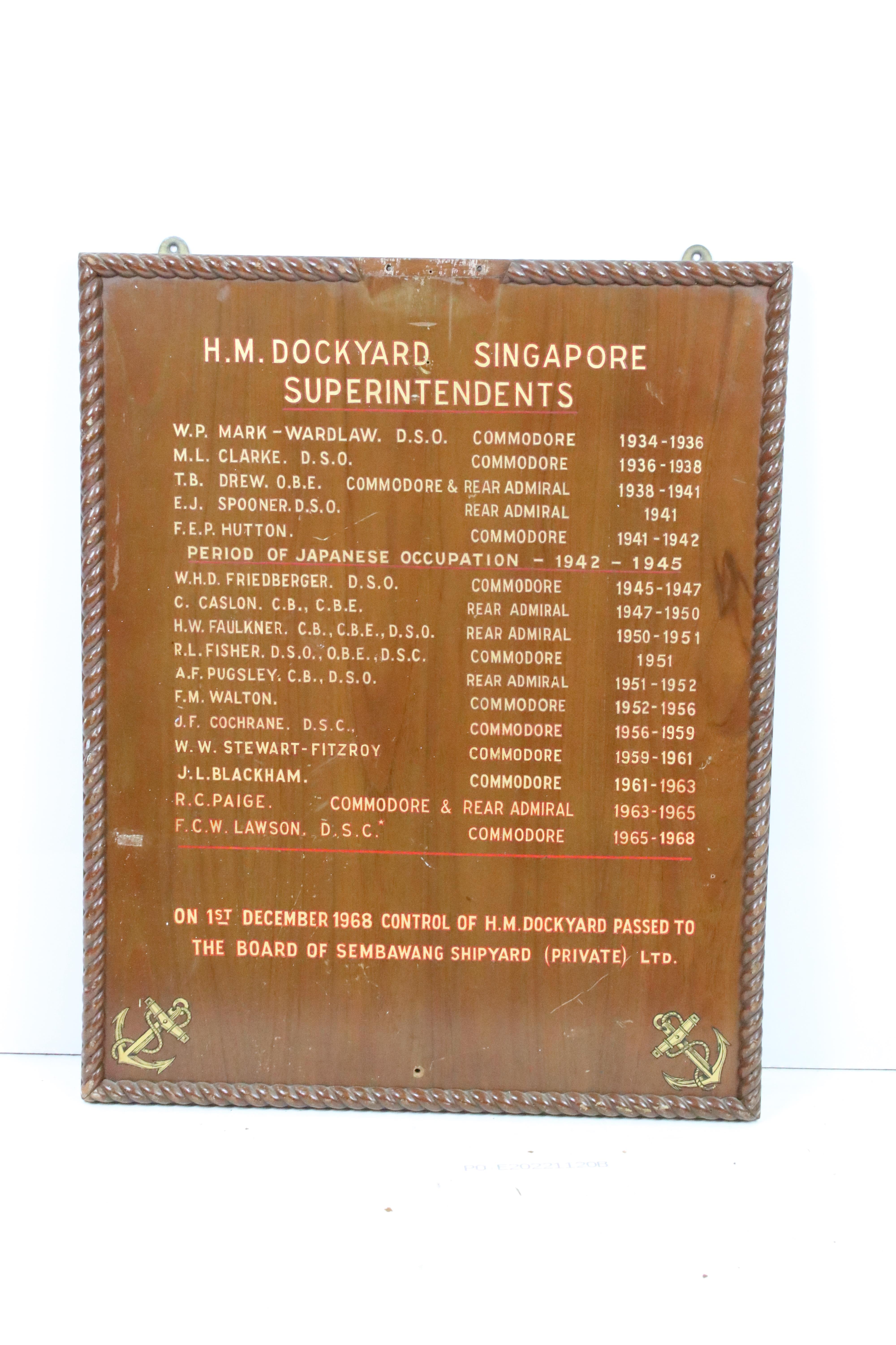 H M Dockyard Singapore 1930s commodore board with painted lettering. Measures 69 x 56cm.