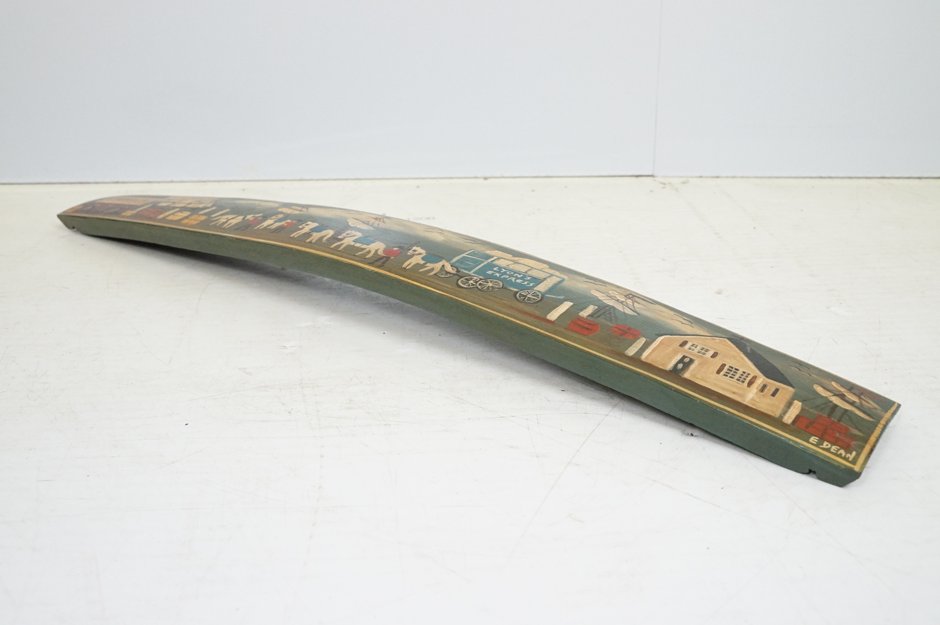 20th Century naïve painted barrel plank decorated with naval scenes. Measures 89cm wide. Together - Image 8 of 10