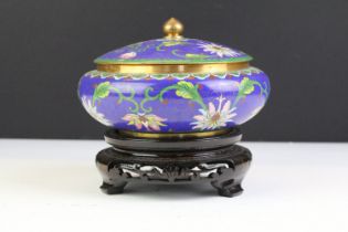 Oriental champleve enamel cloisonne bowl with lid and wooden stand