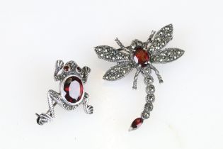 Two Silver & Marcasite Brooches in the form of a frog and a dragonfly, both set with red glass eyes