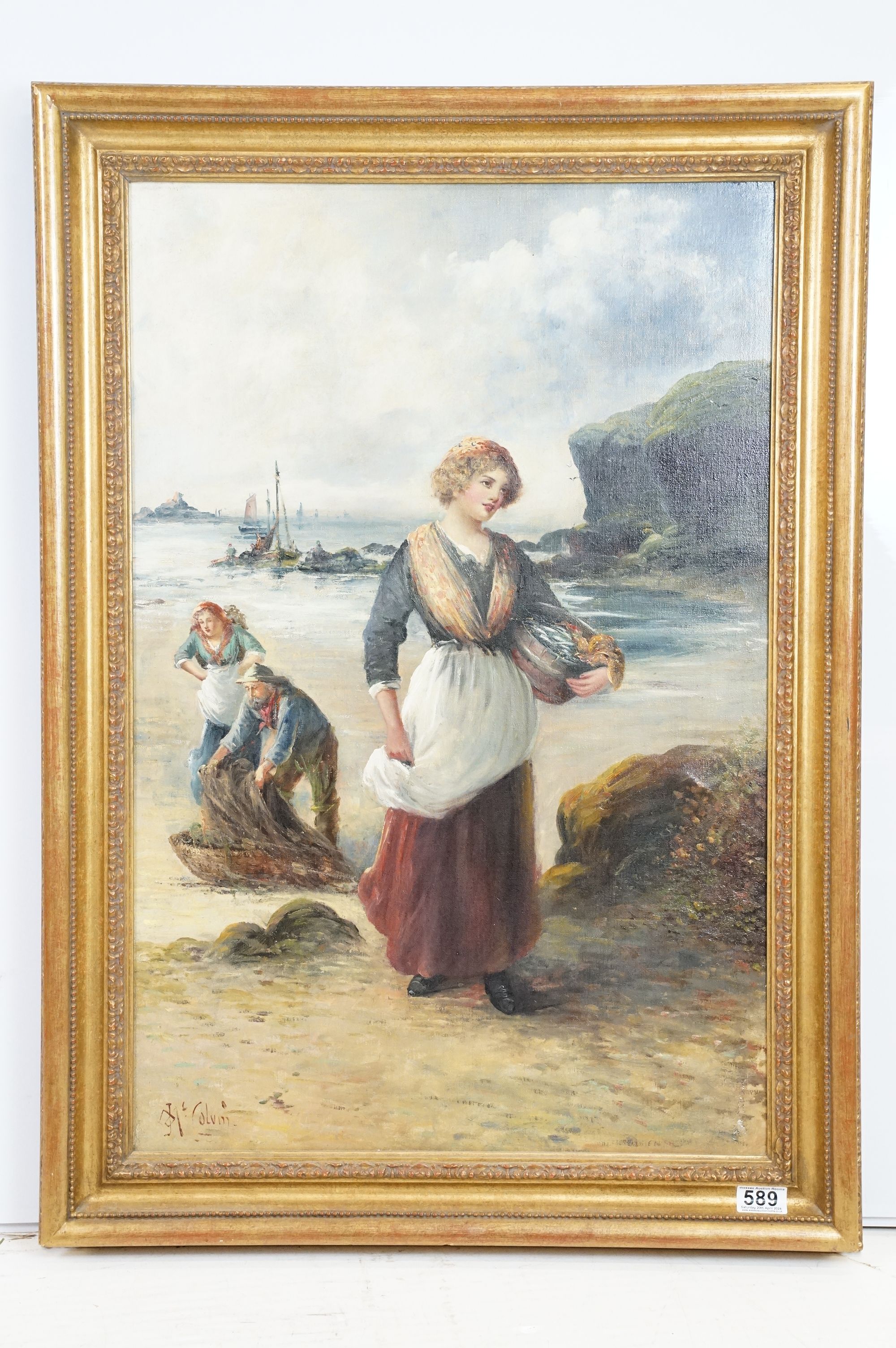 J. M. Colvin - Late 20th Century oil on canvas painting depicting a fisher woman on a coastal shore.