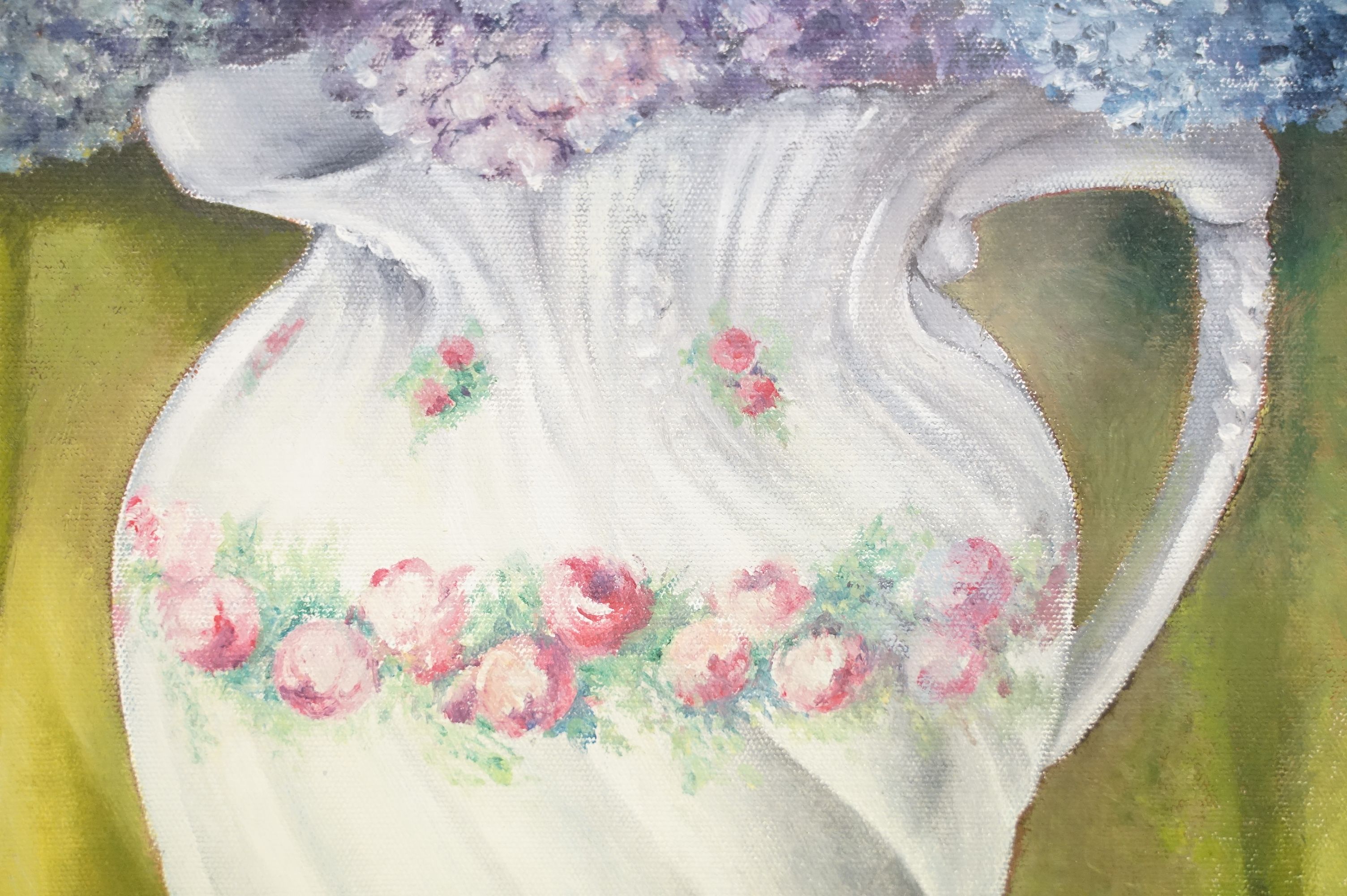 Margaret Lansdowne - 20th C fine studio framed oil painting still life of Fresias in a vase, 49cm - Image 5 of 6