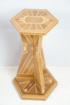 Art Deco marquetry lamp side table of hexagonal form with angular support with sunburst marquetry