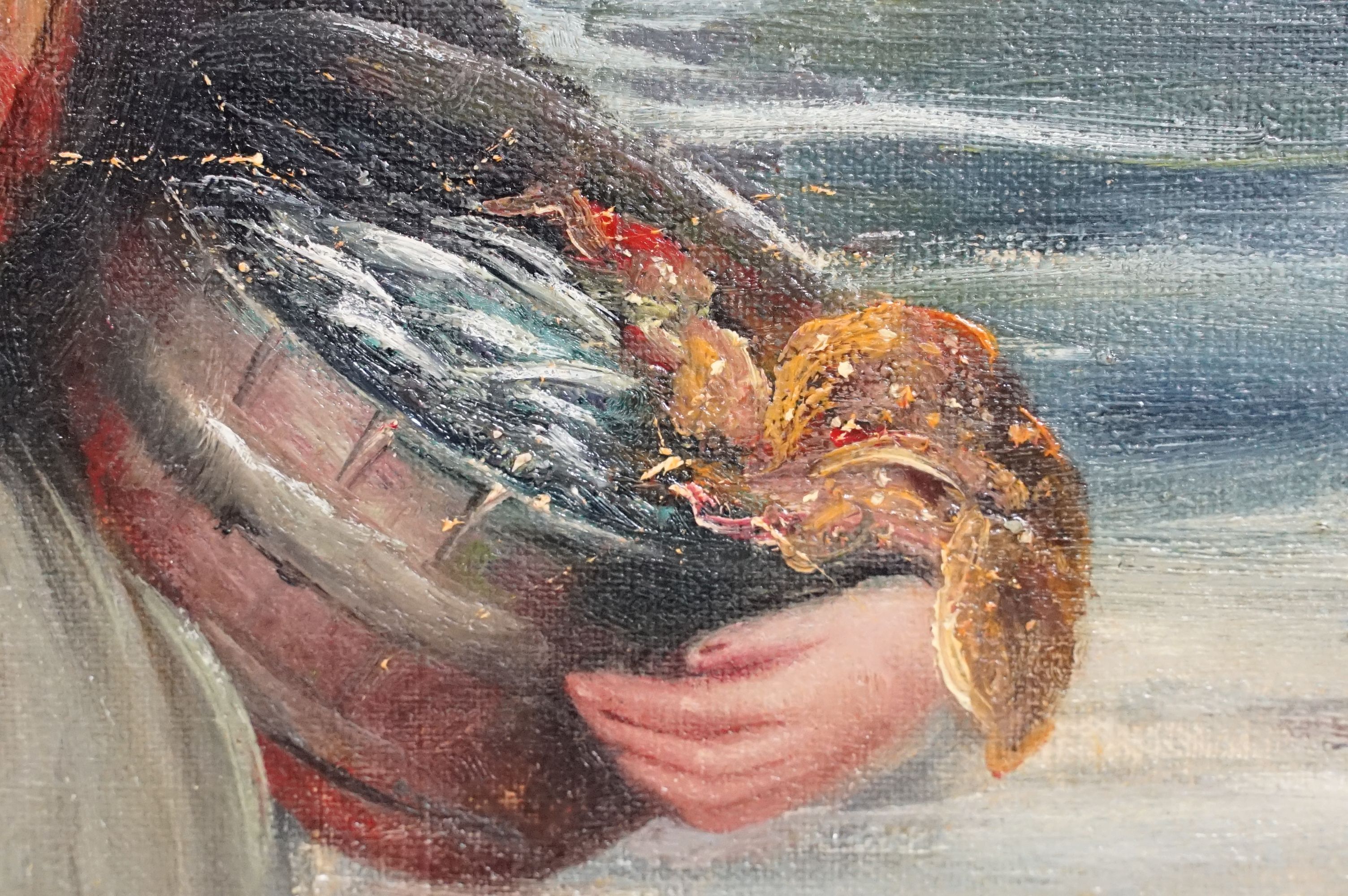 J. M. Colvin - Late 20th Century oil on canvas painting depicting a fisher woman on a coastal shore. - Image 6 of 9