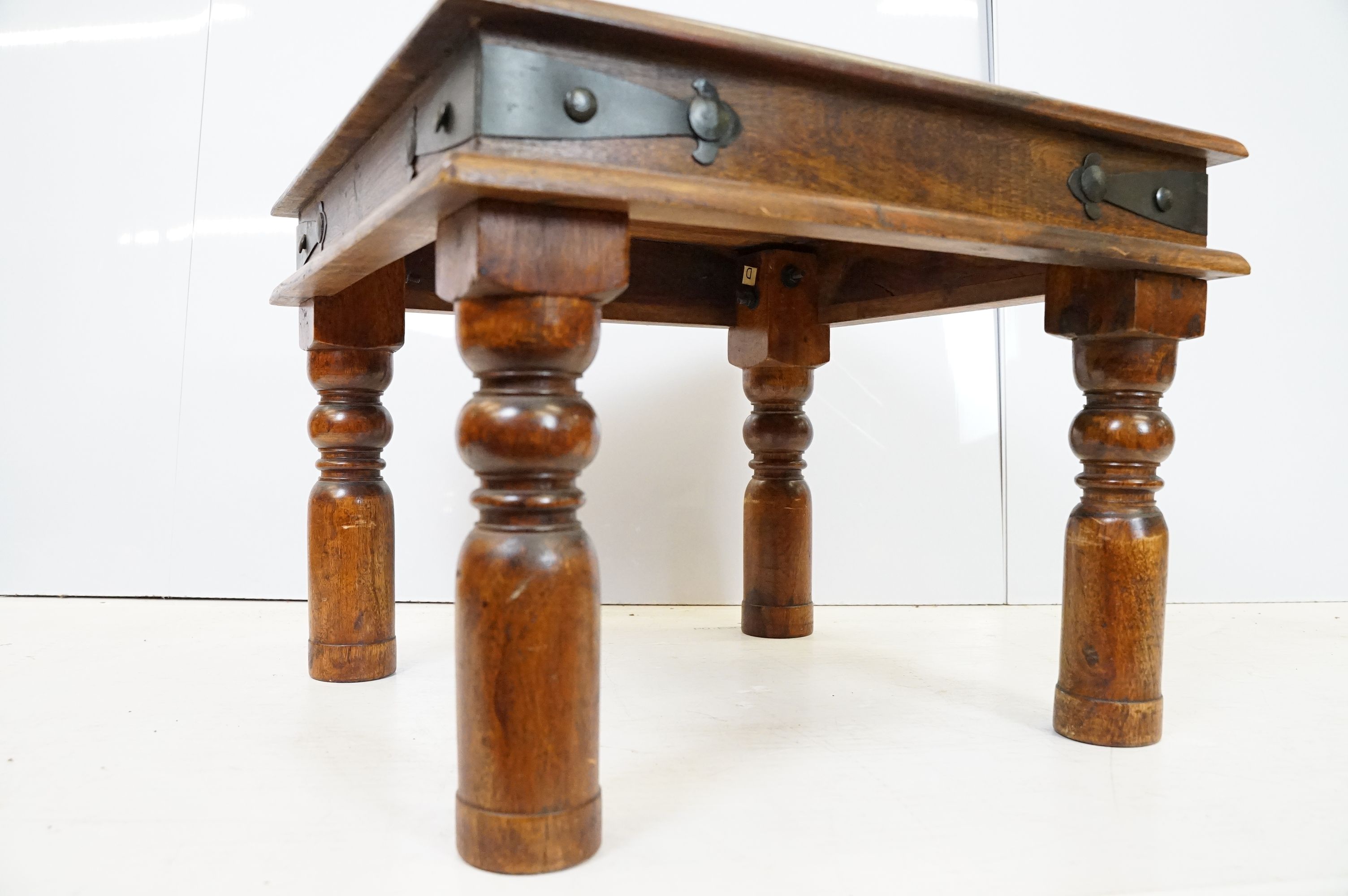 20th Century fruit wood occasional table having a flared top with block legs and metal banding. - Image 4 of 4