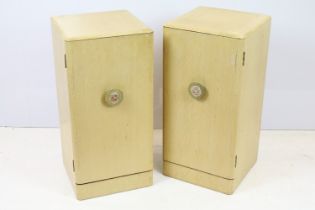 Mid century hardwood pair of painted bedside cabinets with florally decorated handles, each 67cm x