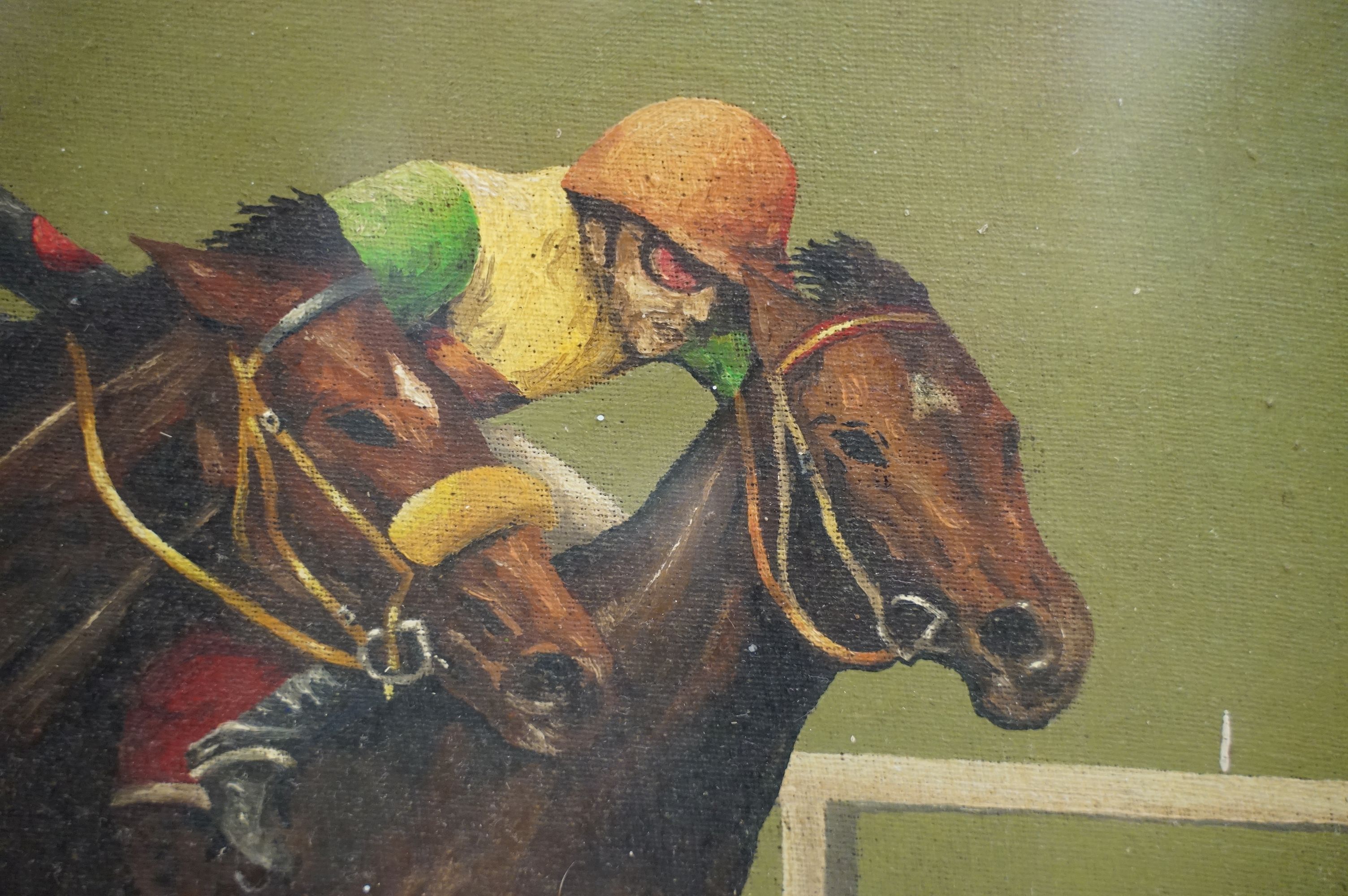 James Edmond, 'Pipped at the Post, Rock Star Wins the Guineas', oil on board, titled on label - Image 3 of 8