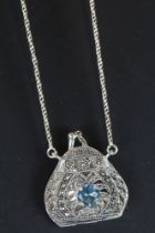 Silver marcasite and blue topaz cabochon necklace