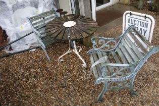 Pair of cast metal & slatted wooden garden seats with scrolled detail (approx 61cm wide), together