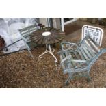 Pair of cast metal & slatted wooden garden seats with scrolled detail (approx 61cm wide), together