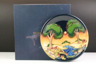 Moorcroft pottery plate in the Evening Sky pattern, of circular form, designed by Emma Bossons,