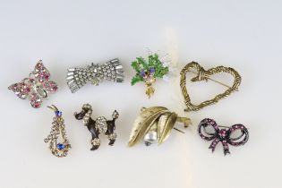 Eight Vintage Costume Jewellery Brooches including Butterfly, Poodle Dog, Thistle & Heather, Bow,