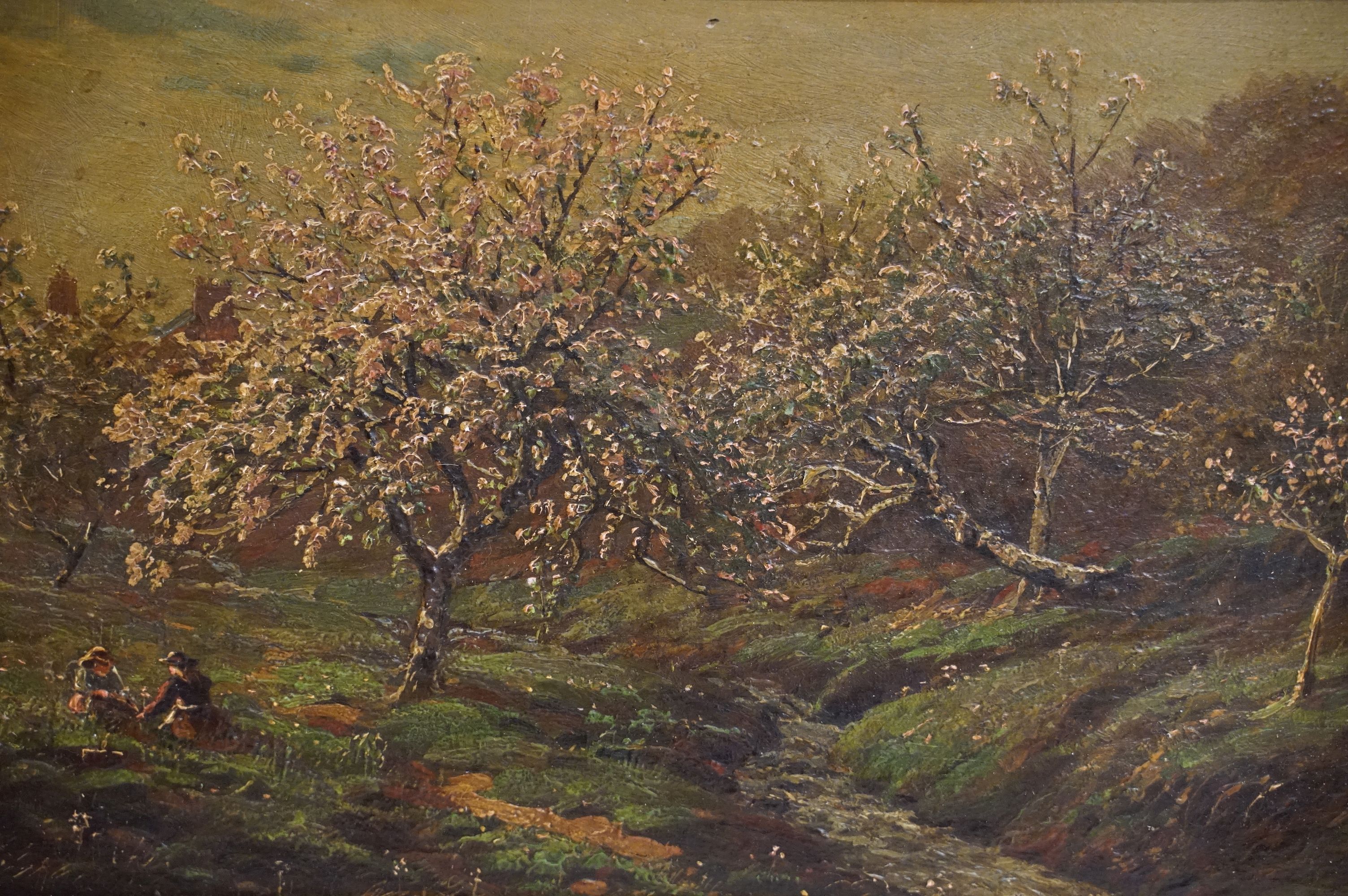 19th century English School, figures resting in a cherry orchard, oil on panel, 21 x 33cm, gilt - Image 2 of 8