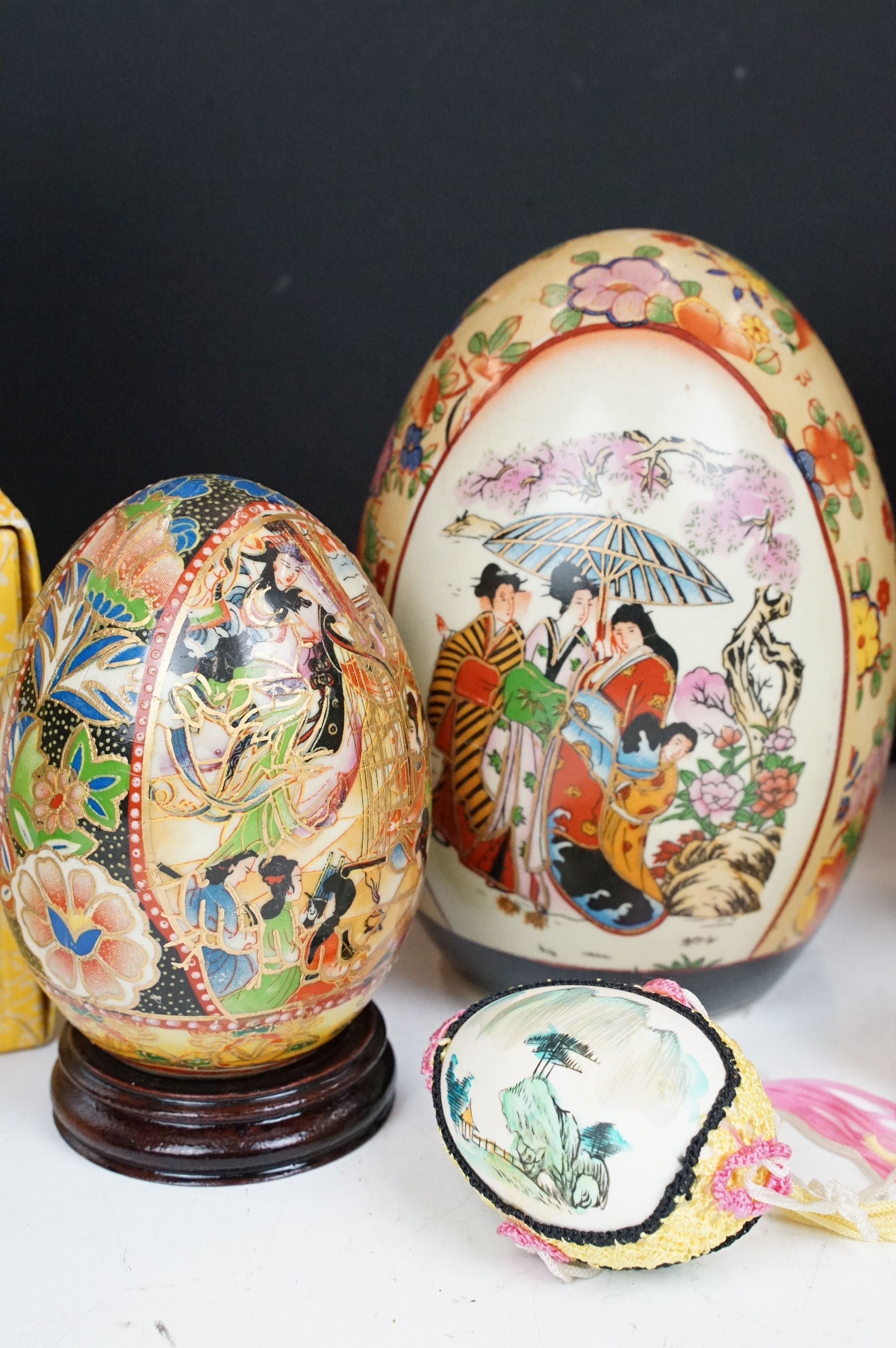 Collection of Chinese painted eggs including some in small display cases, and some ceramic examples. - Image 3 of 6
