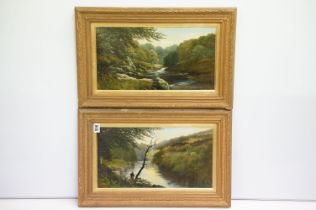 Pair of late 19th / early 20th century oil on board paintings of a fisherman by a lake and river,