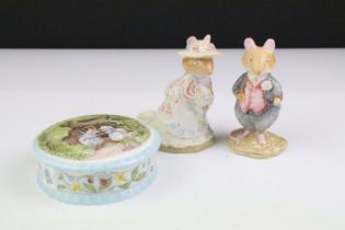 Royal Doulton Brambly Hedge ' The Engagement ' Trinket Box together with two Brambly Hedge Figures -