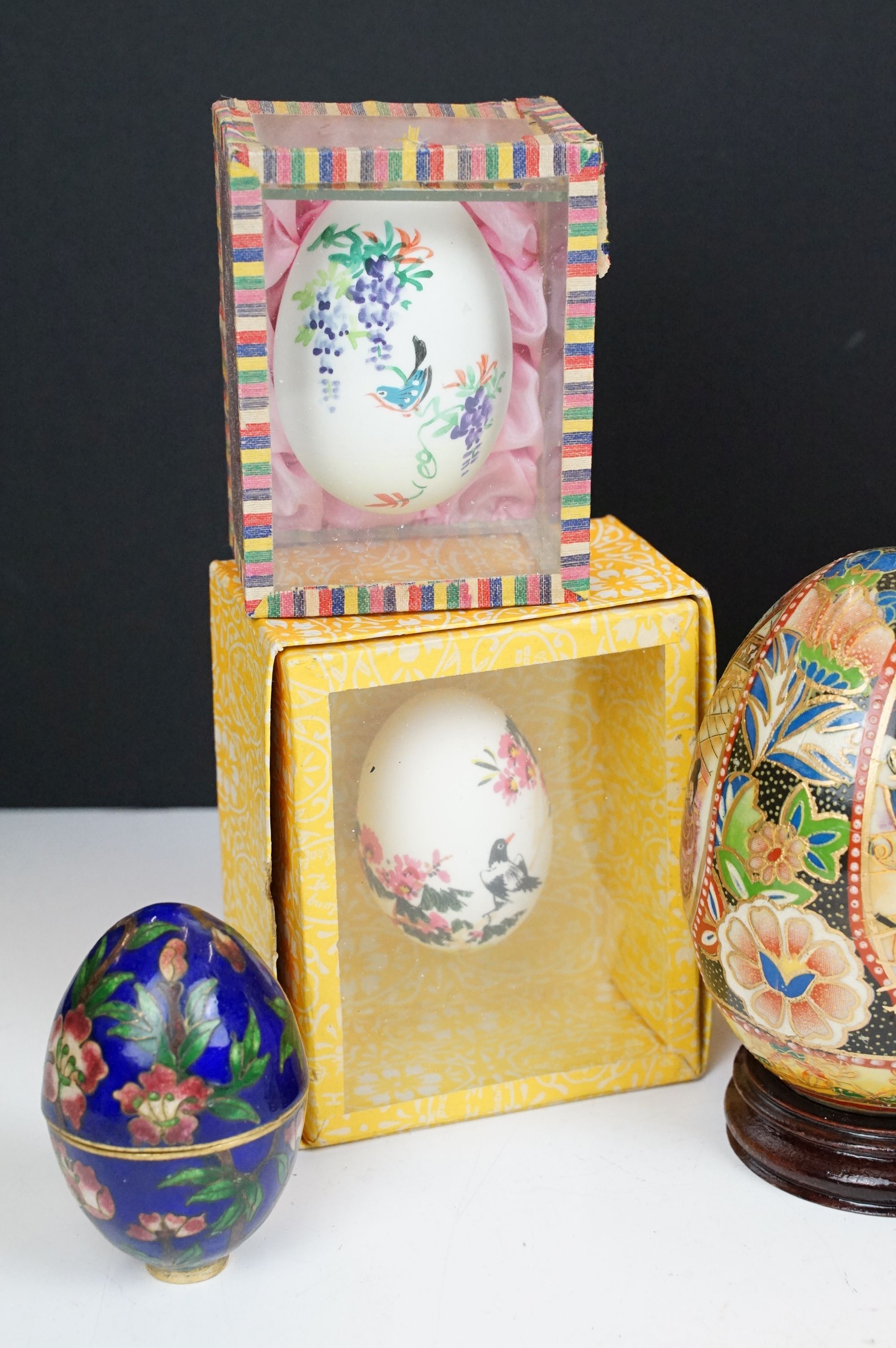 Collection of Chinese painted eggs including some in small display cases, and some ceramic examples. - Image 2 of 6