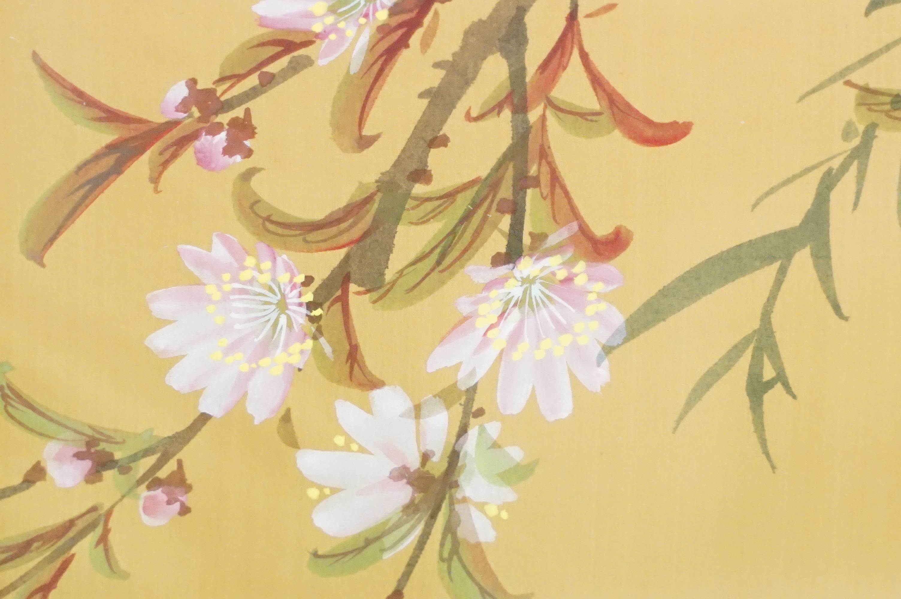 Pair of Chinese paintings on silk depicting birds amongst flowering branches, with character mark - Image 5 of 12