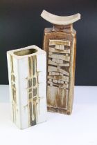 Two studio pottery vases to include a rectangular textured example with impressed mark to base,