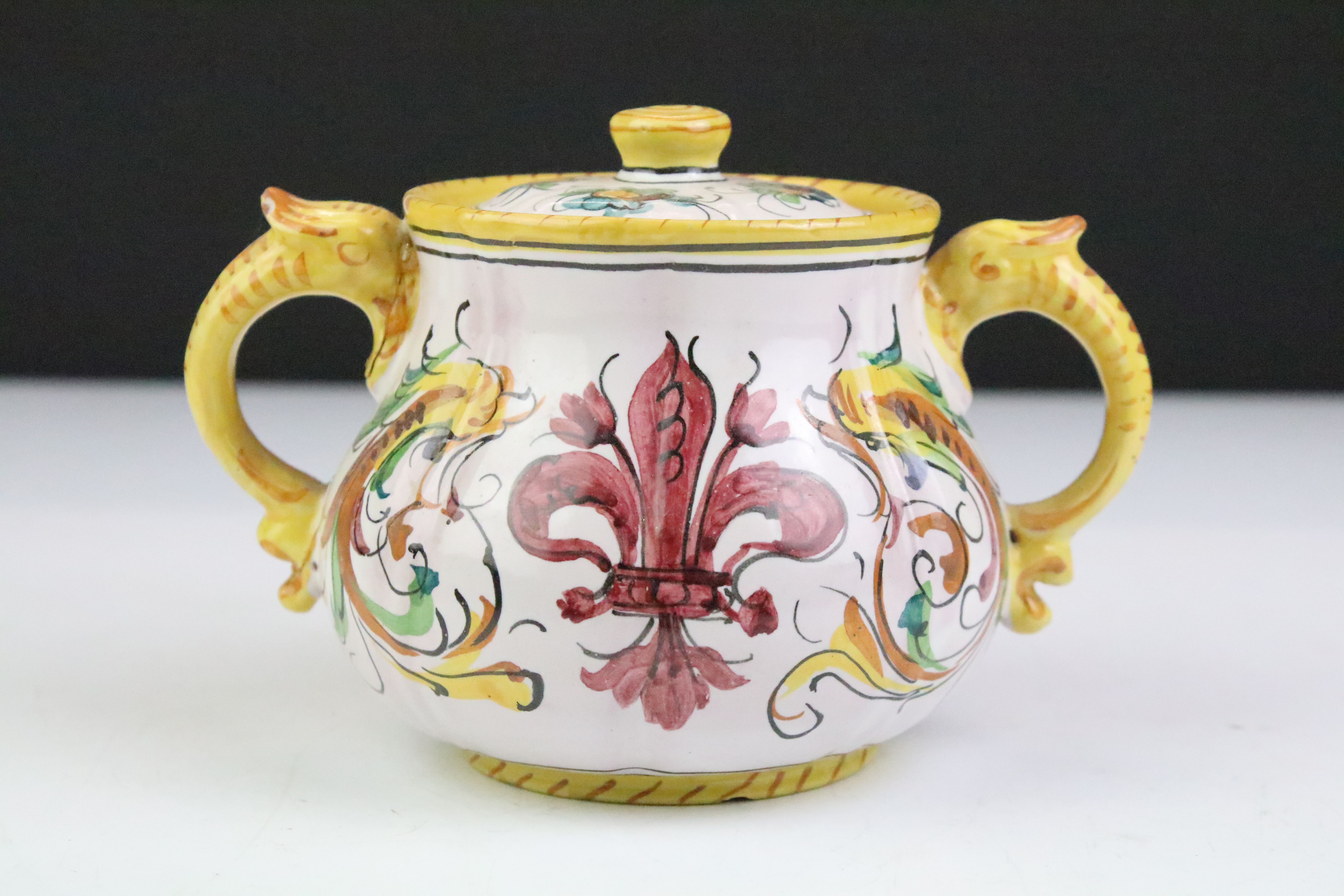 Italian faience tea set with scrolling & floral decoration and yellow border, the lot to include - Image 10 of 14