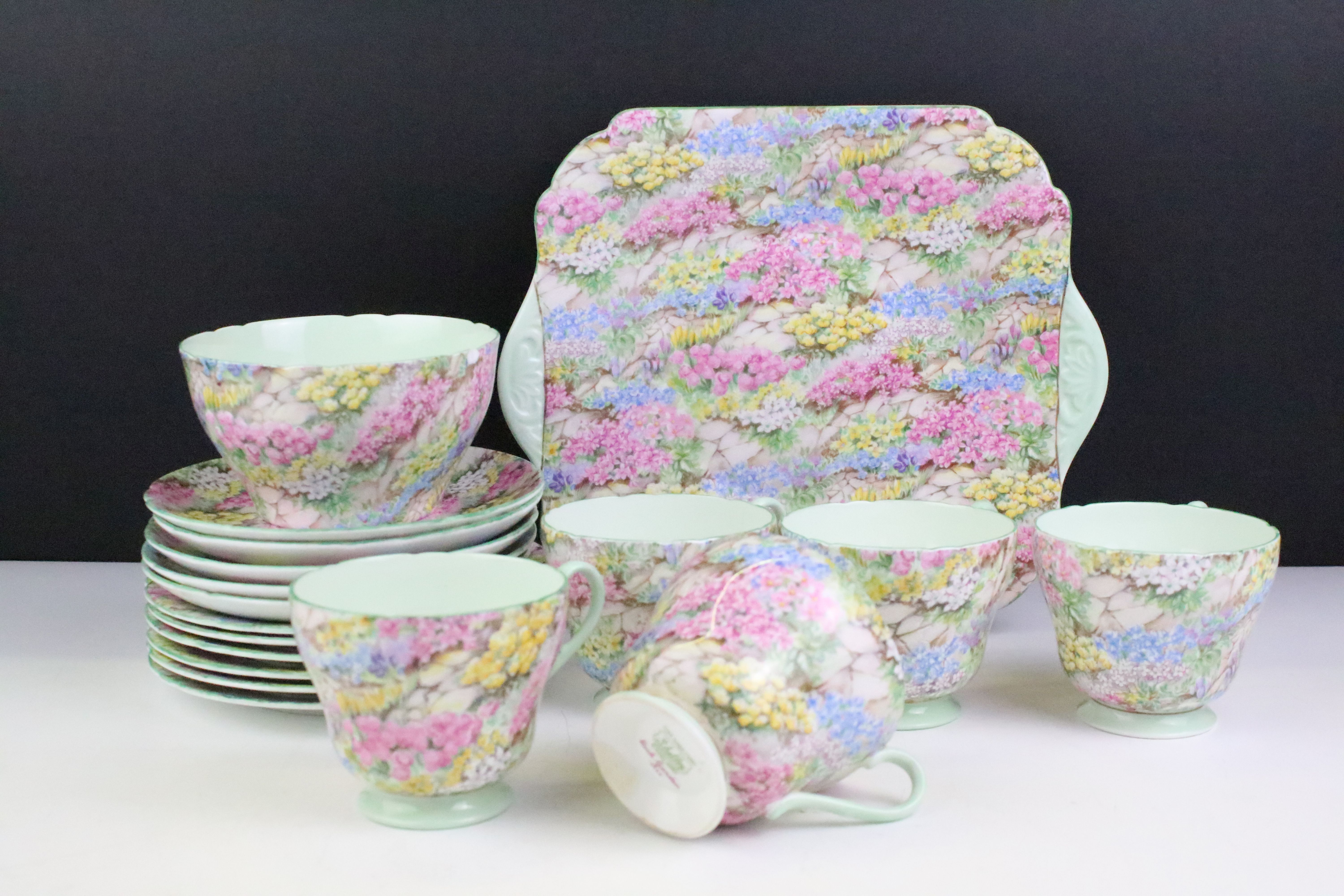 Shelley 'Rock Garden' tea set, pattern no. 13454, to include 5 teacups & saucers, 6 tea plates,