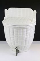 Ceramic wall mounting wine flagon dispenser having a moulded basket weave exterior with tap to base.