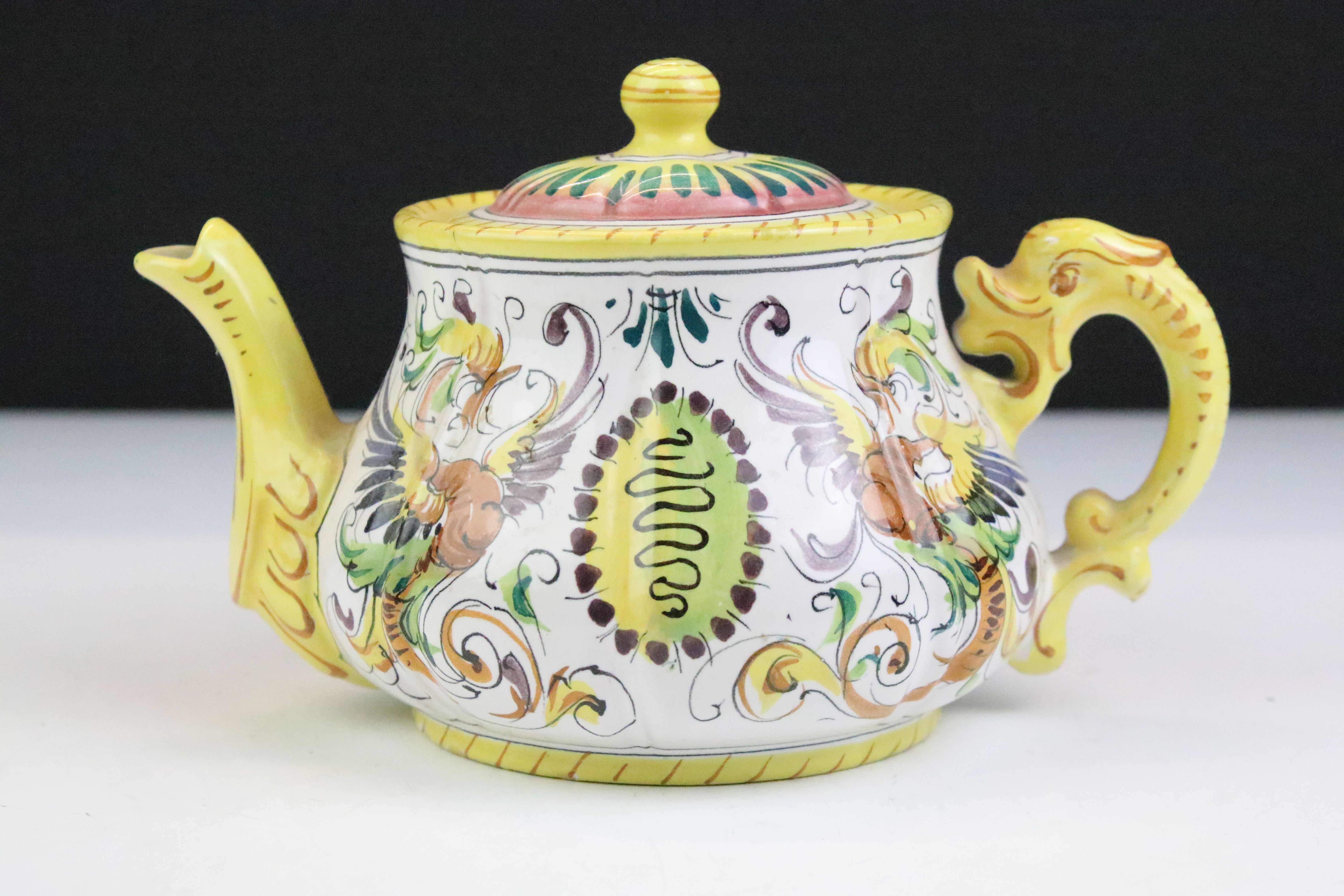 Italian faience tea set with scrolling & floral decoration and yellow border, the lot to include - Image 4 of 14