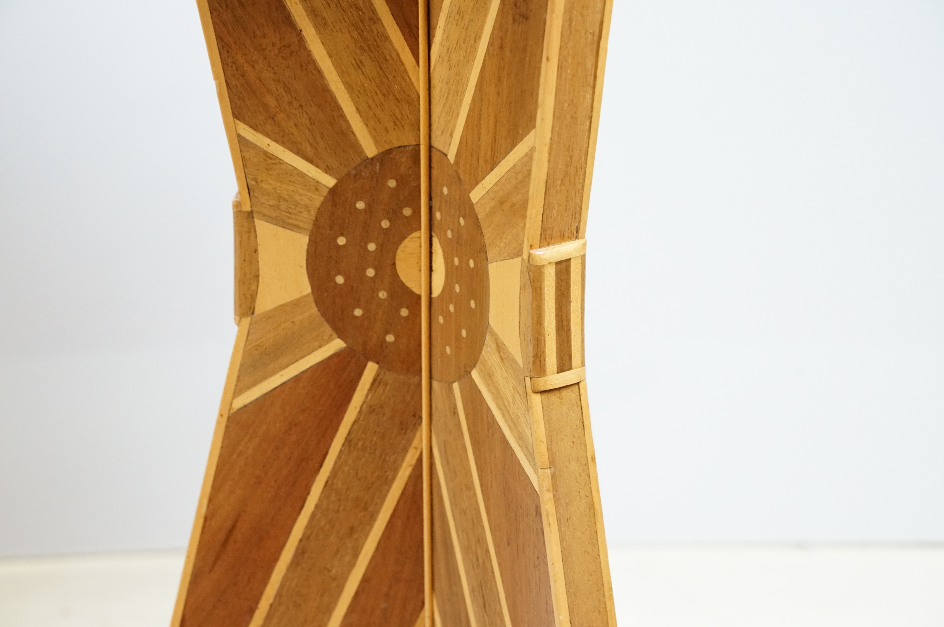 Art Deco marquetry lamp side table of hexagonal form with angular support with sunburst marquetry - Image 4 of 9