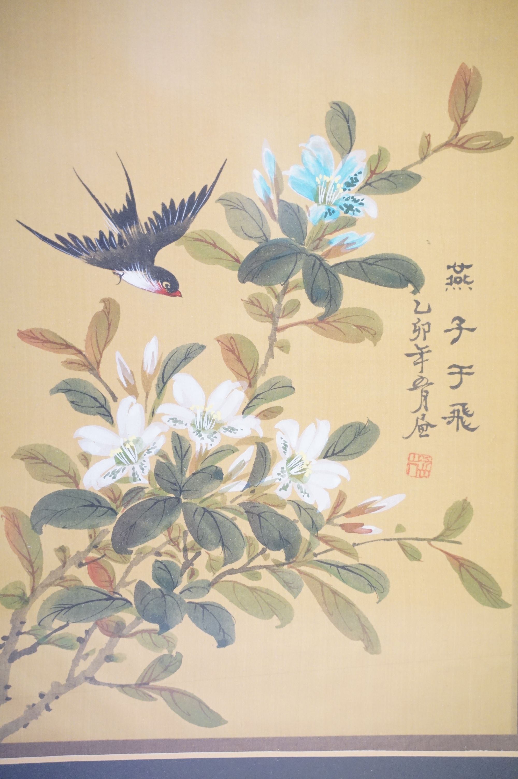 Pair of Chinese paintings on silk depicting birds amongst flowering branches, with character mark - Image 7 of 12