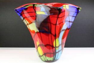 Large vintage 1970s Murano studio art glass vase of fanned form with a red ground and layered