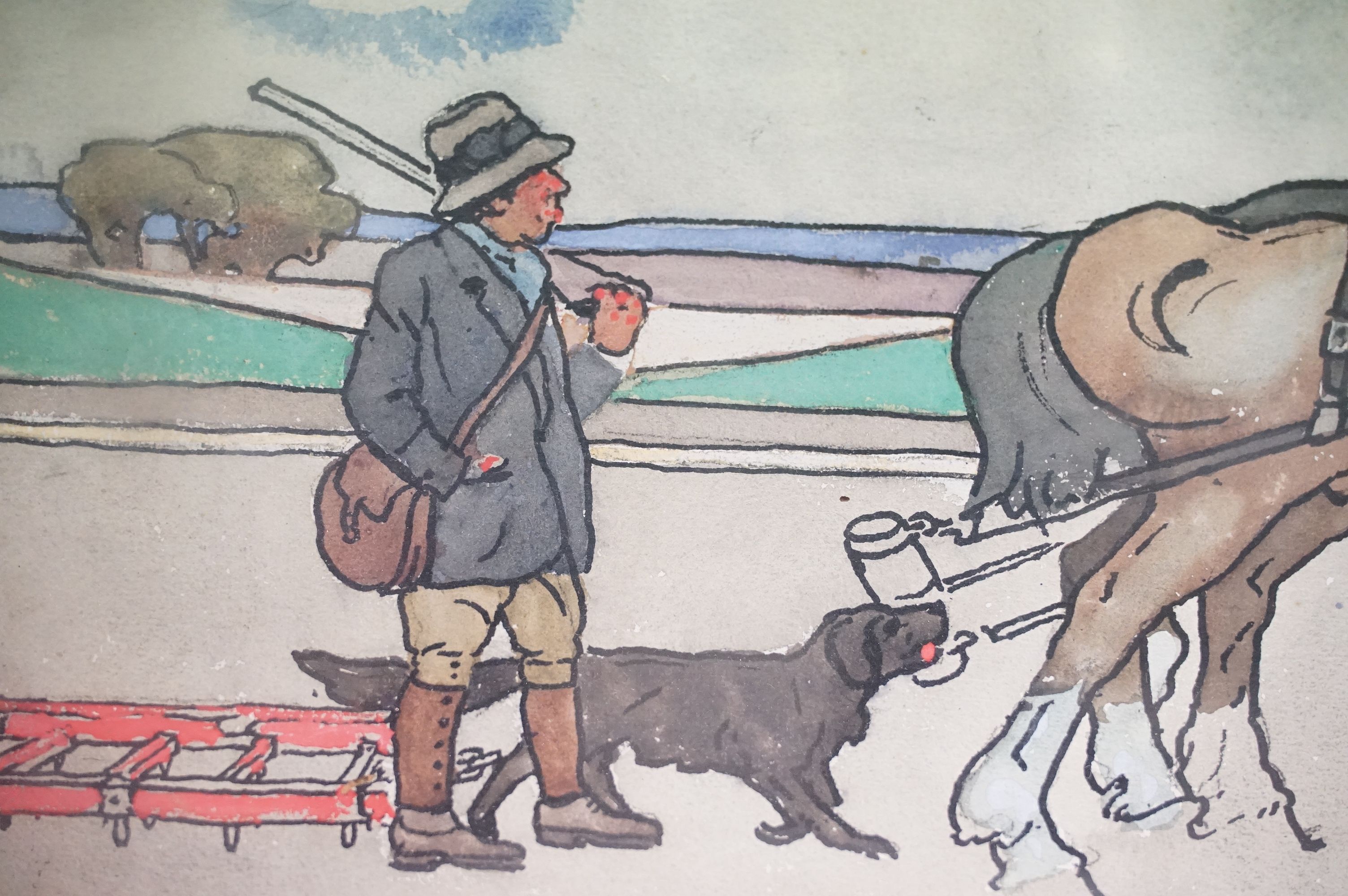 Early 20th C watercolour of a rural scene with man & horse ploughing, hunter with gun dog, 35.5cm - Image 3 of 8