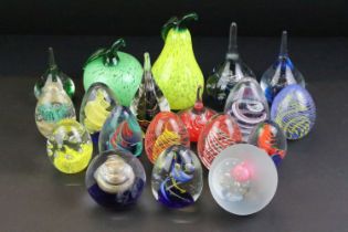 19 Domed, tear drop & fruit themed glass paperweights of various shapes, colours & size