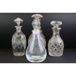 Cut glass decanter with silver collar, 25cm high, a cut glass decanter, 30.5cm high, a cut glass