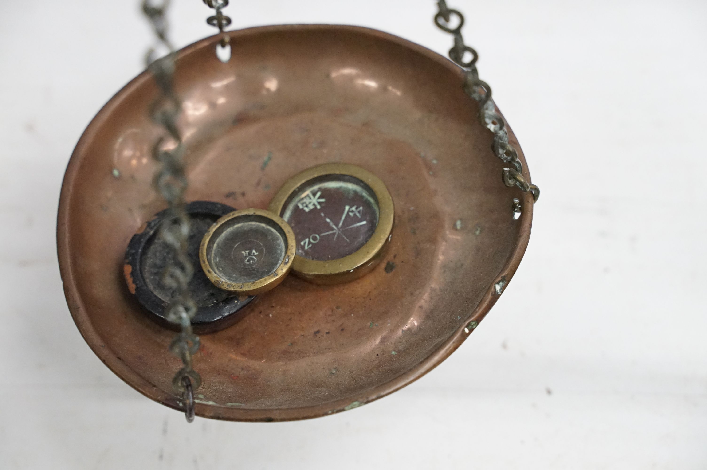 Pair of shop counter balance scales with copper pans, approx 50cm high - Image 6 of 6