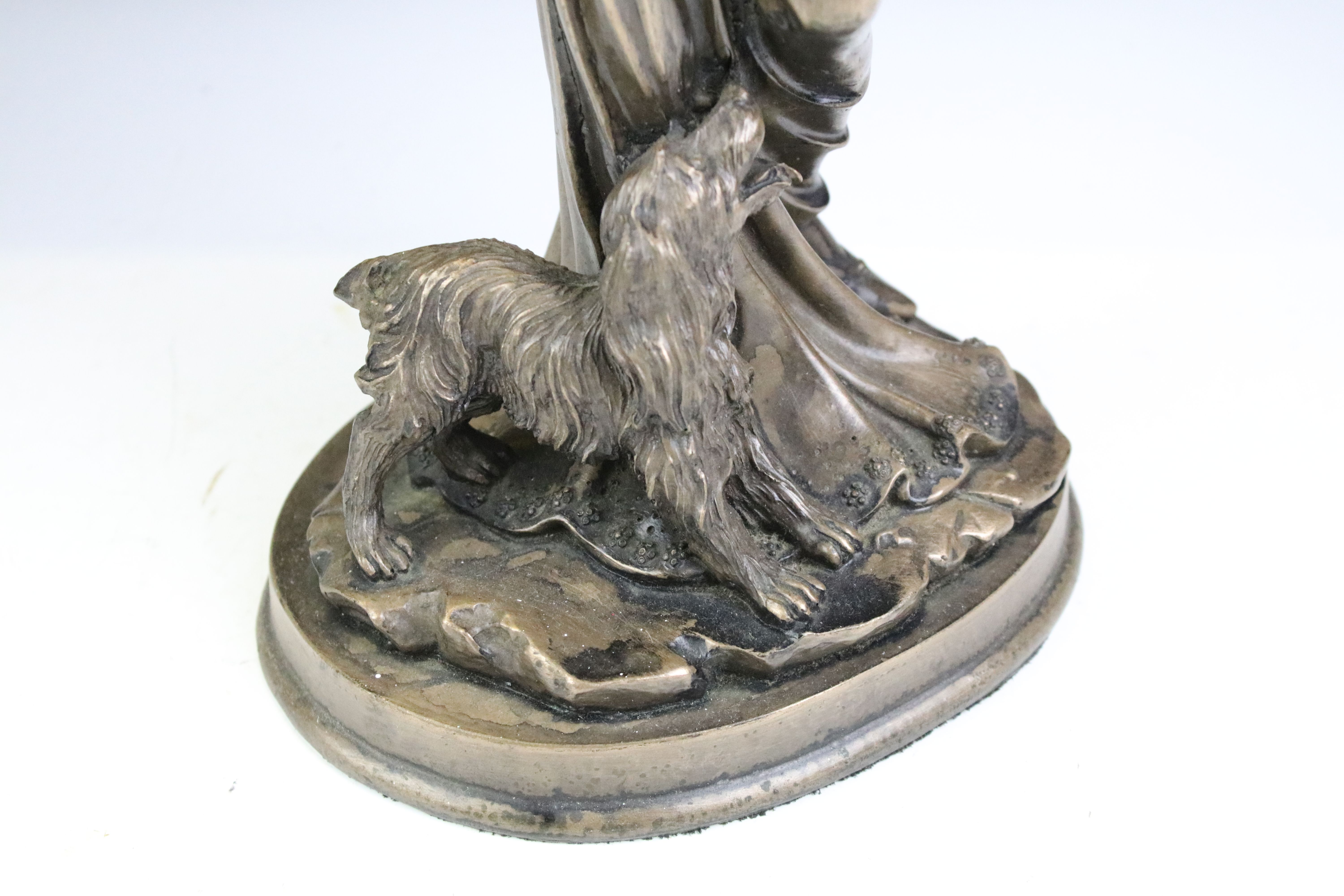 Two 20th Century cast resin faux bronze figurines in the form of a female figure holding a basket of - Image 4 of 8