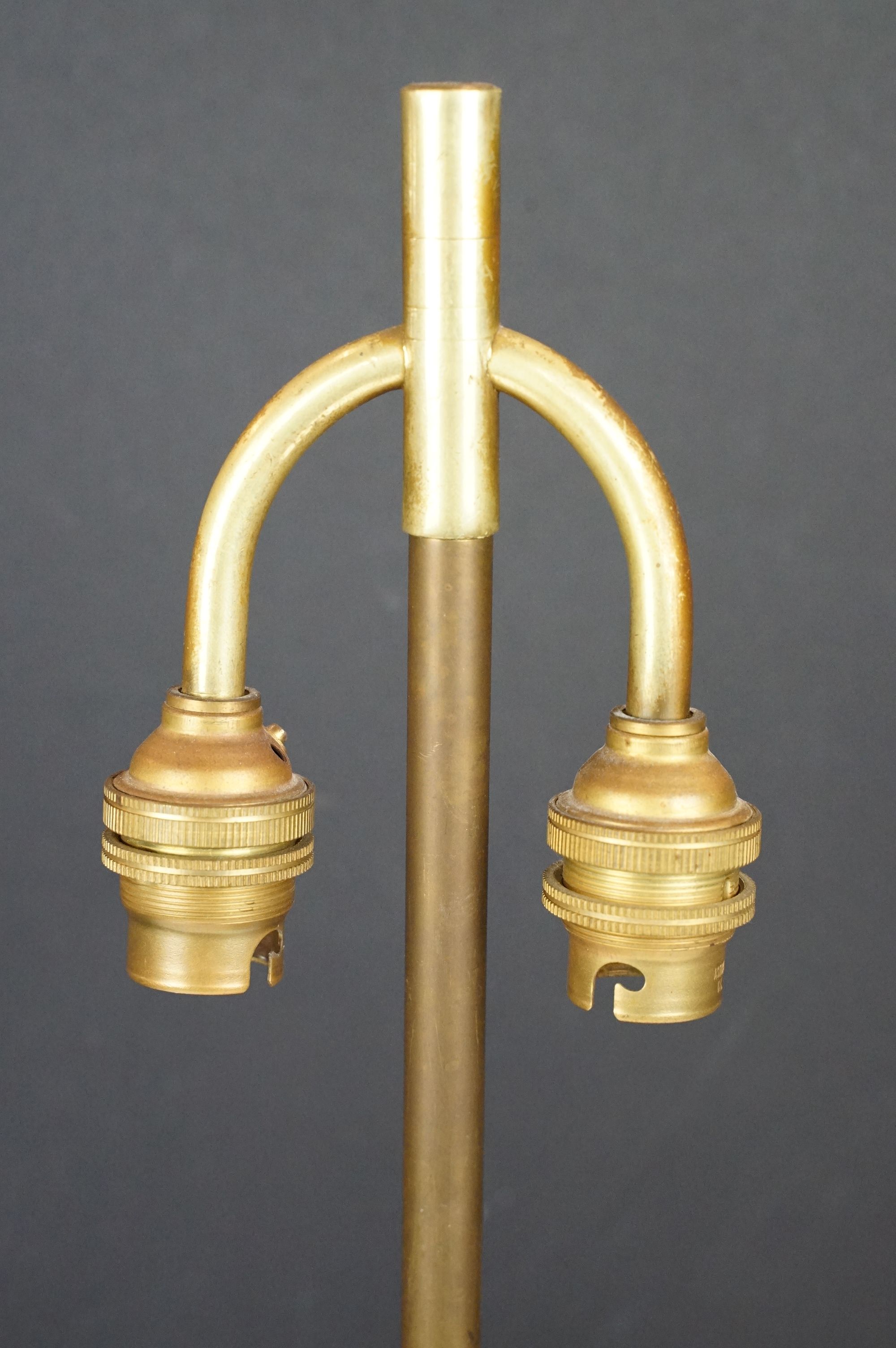 Chinese cast bronze table lamp of structural form with twin-bulb fittings, raised on a wooden - Image 3 of 5