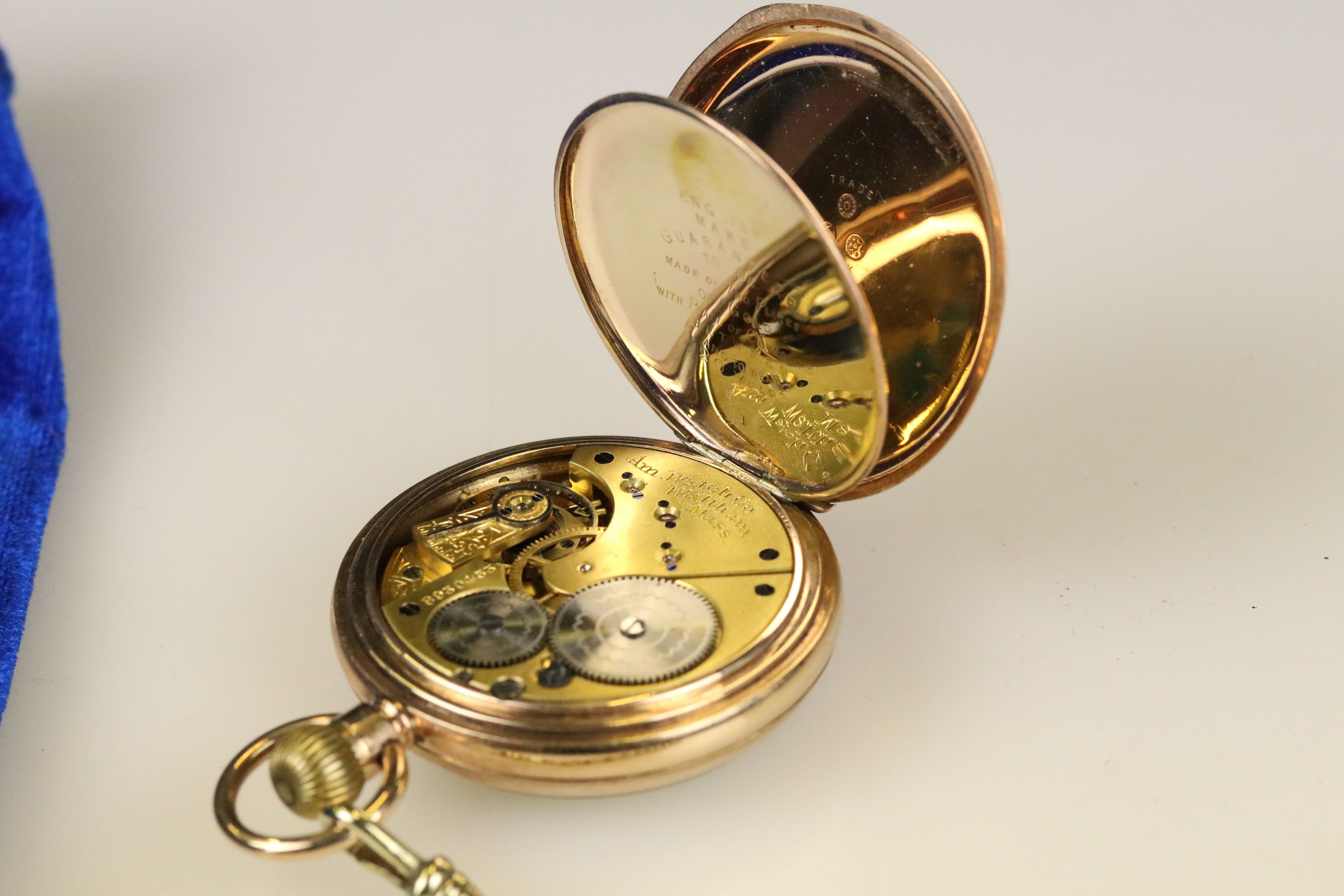 A gold plated waltham pocket watch together with albert chain. - Image 6 of 7