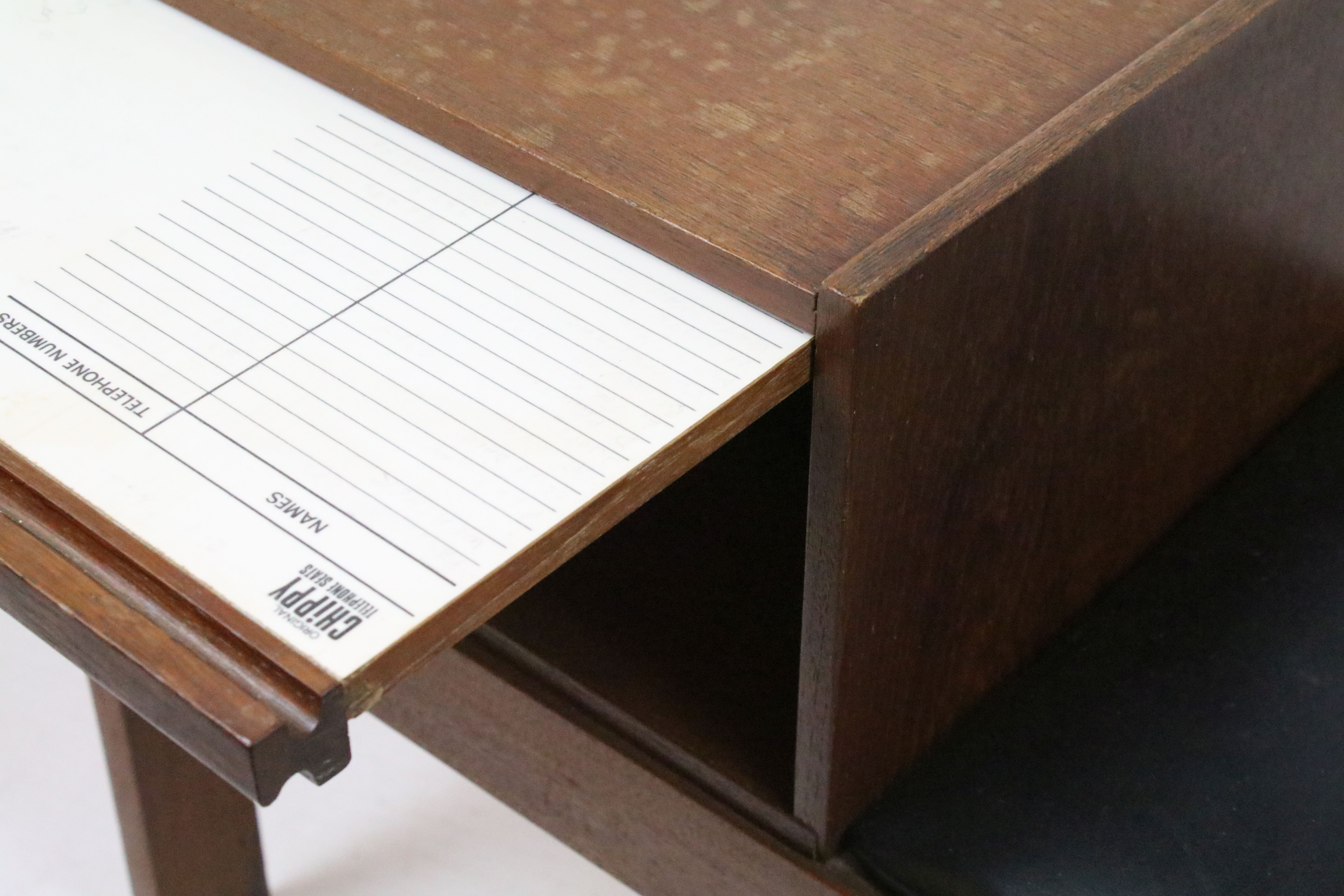 Mid Century vintage chippy telephone table with black leather seat. Measures 84cm wide. - Image 6 of 8