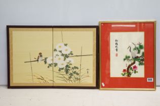 Chinese embroidered crane picture together with a small folding and painted Chinese desk top screen.