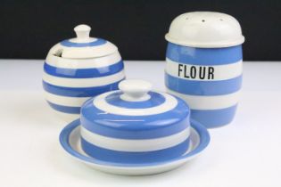 T.G. Green Cornish Kitchen Ware blue & white butter dish and flour shaker, plus a similar Sadler