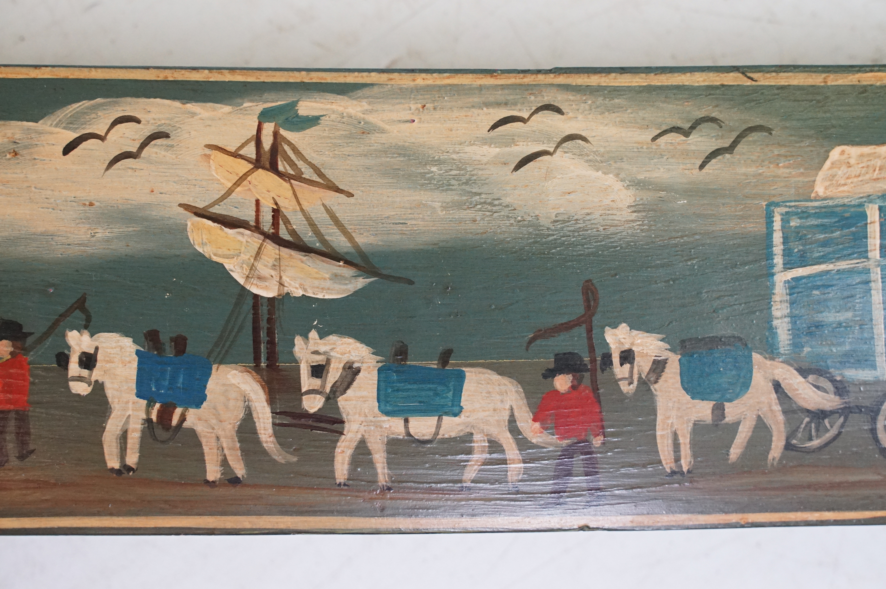 20th Century naïve painted barrel plank decorated with naval scenes. Measures 89cm wide. Together - Image 4 of 10