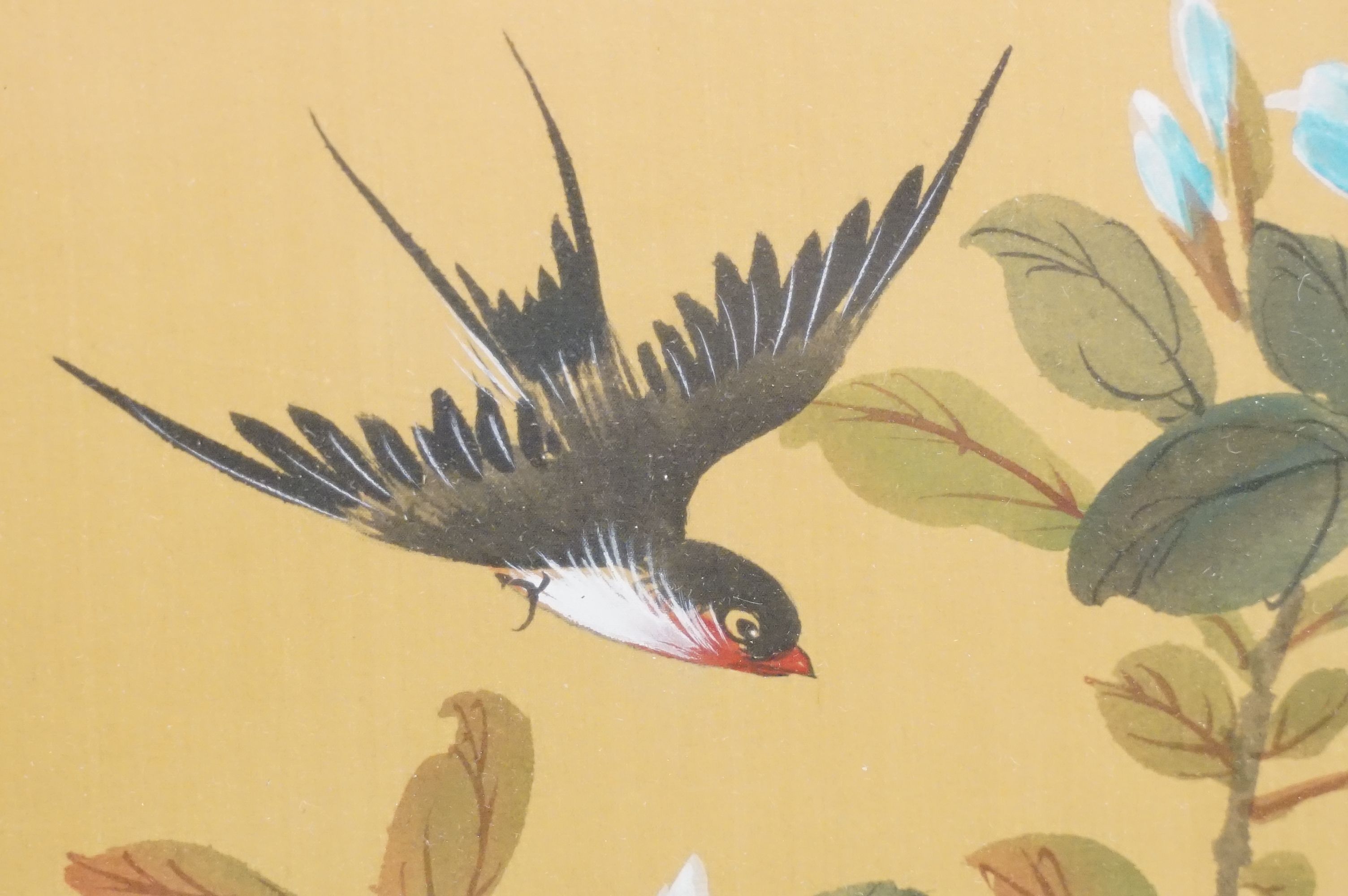 Pair of Chinese paintings on silk depicting birds amongst flowering branches, with character mark - Image 8 of 12