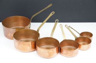 Collection of antique copper graduating sauce pans each having brass handles. Largest measures