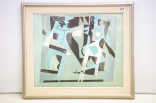 Modern school studio framed abstract oil painting of harlequin and lady in subtle hues, 45cm x 54cm