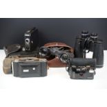 Group of cameras and binoculars to include Ensign folding bellows camera, cine Kodak eight, Swift