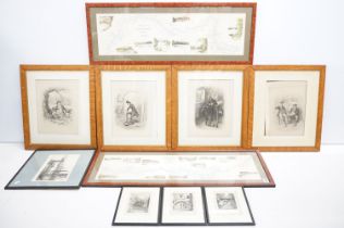 Four oak framed Dicken prints, together with three small black & white prints of streets /