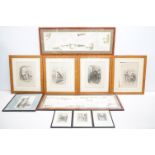 Four oak framed Dicken prints, together with three small black & white prints of streets /