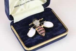 Gilt, enameled and diamante bee brooch