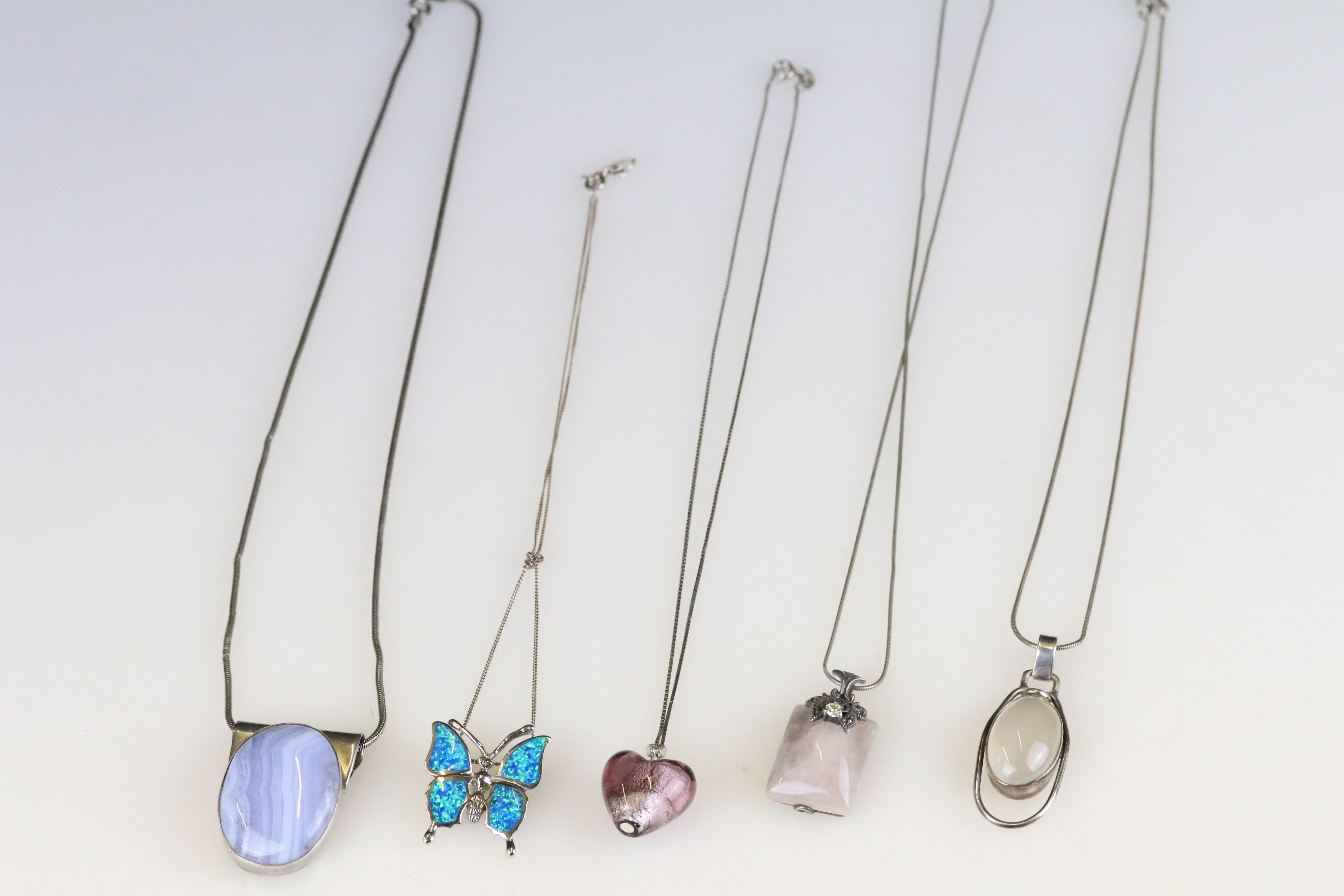 Five Silver Necklaces including Silver & Opal Butterfly Pendant, 2 x Rose Quartz & Silver - Image 2 of 7